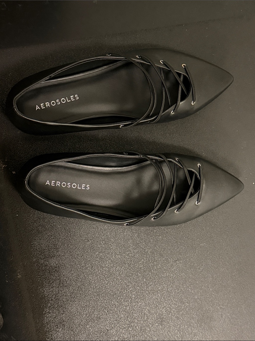NWOT -AEROSOLES Black Pointed Lace-Up Flats with Strappy Detail